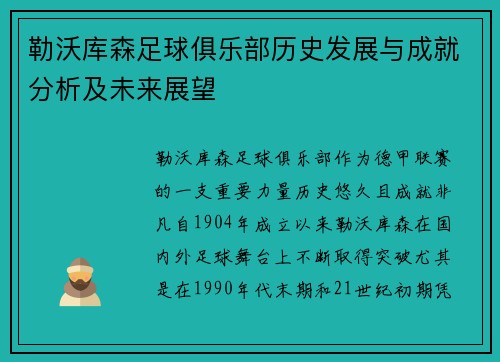 勒沃库森足球俱乐部历史发展与成就分析及未来展望