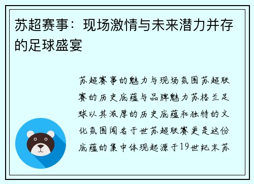苏超赛事：现场激情与未来潜力并存的足球盛宴