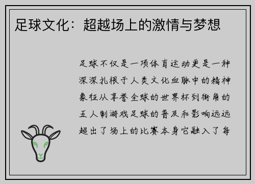 足球文化：超越场上的激情与梦想